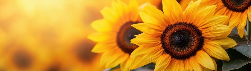 Obraz premium Vibrant sunflower blooms basking in the sunlight, showcasing their bright yellow petals and rich brown centers, symbolizing beauty.