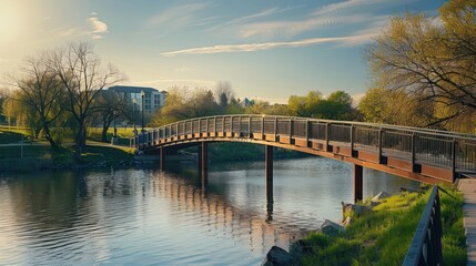 Bridge Over Water with Sunset Sky