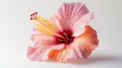 Close-up of a vibrant hibiscus flower with dew drops, isolated against a plain white background, highlighting its tropical beauty.