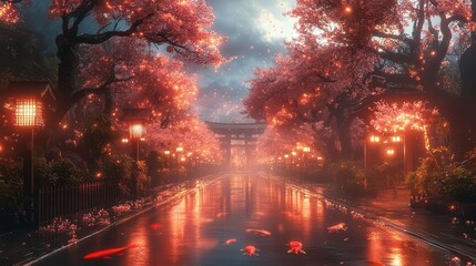 Obraz premium ancient kyoto temple garden in cyberpunk future neon cherry blossoms holographic koi blend of traditional and futuristic elements atmospheric lighting