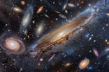 cluster of galaxies in the sky, celestial sky filled with swirling galaxies and twinkling stars