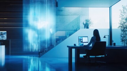 Fototapeta premium A sleek, futuristic home features an AI-powered holographic assistant projecting reminders, weather updates, and daily tasks.