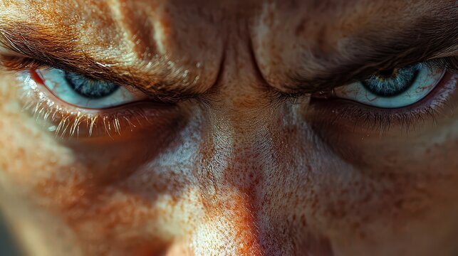 close-up of a persons face with a deeply furrowed brow, eyes glaring with intensity, capturing a moment of seething anger
