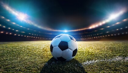 Obraz premium Soccer Ball on the Field at Night with Stadium Lights, This image can be used as a striking and colorful background for sports-related designs or as