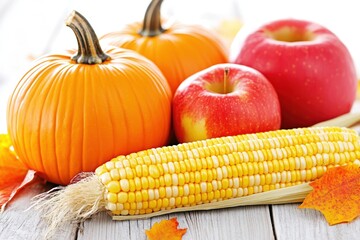 Vibrant autumn harvest scene with pumpkins, apples, and corn.