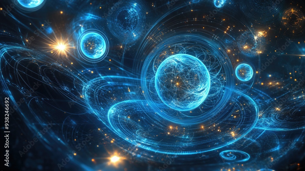 Poster futuristic abstract design, intertwining time and space with fractal patterns and glowing blue orbs.