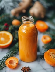Colorful bottles of fruit juices surrounded by fresh produce on pastel background