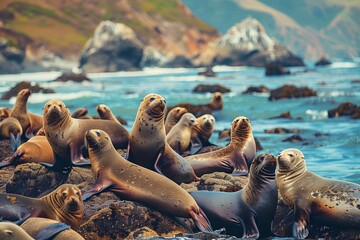 group of dead fish in the water, colony of seals basks on rocky shoreline, their sleek bodies glistening in the warm rays of the sun