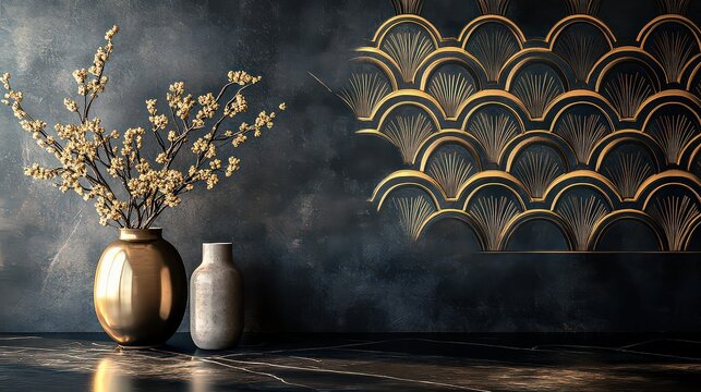 Fototapeta Black wallpaper with intricate gold geometric patterns, adding a touch of vintage glamour to any room.