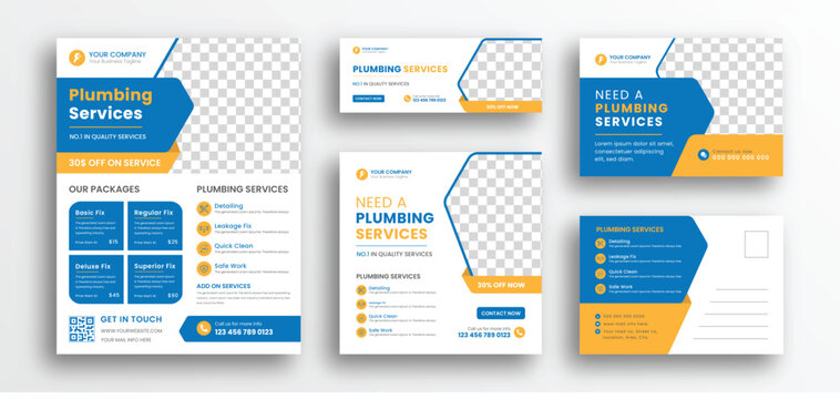 Professional plumbing service advertisement flyer template, Creative plumber advertisement set. Plumbing service social media post template. Plumb
ing service web banner, Plumbing service post card.