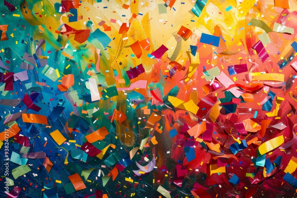 Poster bunch of colorful confetti falling from the sky, colorful explosion of confetti and streamers in cro