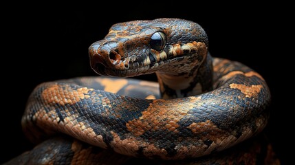 Fototapeta premium Close-up of a coiled snake with intricate patterns on its scales.