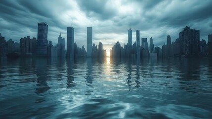 Fototapeta premium apocalyptic cityscape submerged in rising floodwaters skyscrapers emerge like islands reflecting ominous storm clouds