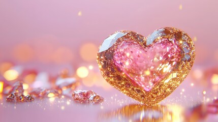 Obraz premium Luxurious heart-shaped diamond jewelry glowing with golden sparkles, against a soft pink background.