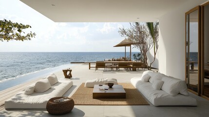 Obraz premium Minimalist beachfront patio with stylish furniture, emphasizing simplicity and natural beauty.