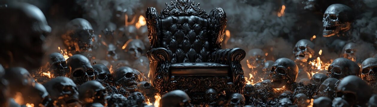 A dark, gothic throne surrounded by skulls and flames, creating a haunting and eerie atmosphere perfect for horror themes.