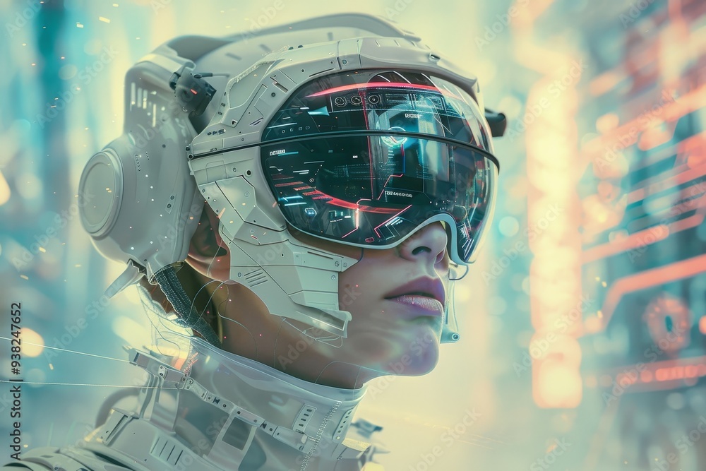 Poster futuristic robot is shown in front of computer screen, concept artist imagines futuristic technology