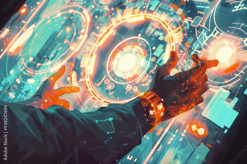 Poster futuristic robot is shown in front of computer screen, concept artist imagines futuristic technology
