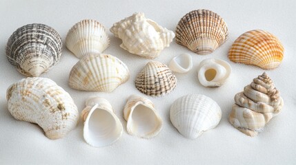 Minimalist collection of seashells arranged on white sand, against a plain backdrop, emphasizing natural textures.