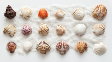 Minimalist collection of seashells arranged on white sand, against a plain backdrop, emphasizing natural textures.