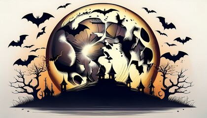 Spooky Halloween Full Moon with Silhouetted Bats on white background