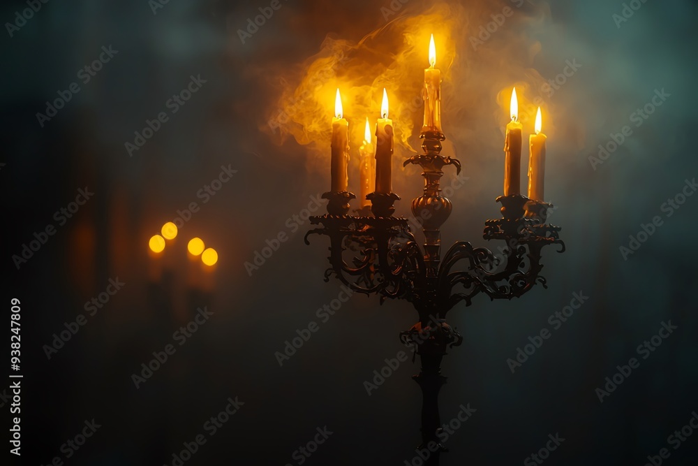 Poster a mysterious candlelit chandelier illuminating a foggy space, creating an enchanting and atmospheric