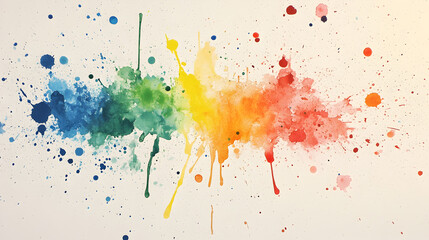 Abstract watercolor rainbow splatter on white background.