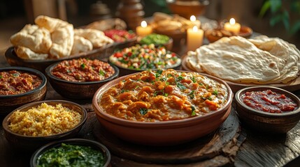 Fototapeta premium aromatic indian feast spread across a rustic wooden table vibrant curries and colorful chutneys in earthenware bowls soft candlelight illuminating the scene