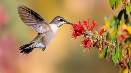 A vibrant hummingbird delicately hovering near a bright red flower, showcasing nature's beauty in vivid colors.