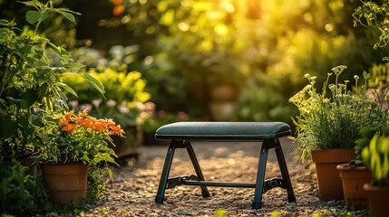 Garden kneeler placed among vibrant plants in a sunlit garden.