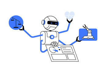Robot with multiple arms holding symbols of balance, health, and automation, highlighting AI's versatility in various fields such as law, healthcare, and manufacturing.