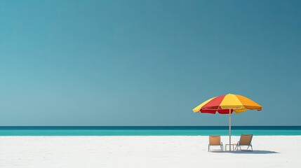 Minimalist setup of a colorful beach umbrella and two chairs on an empty beach, with white sand and clear skies.