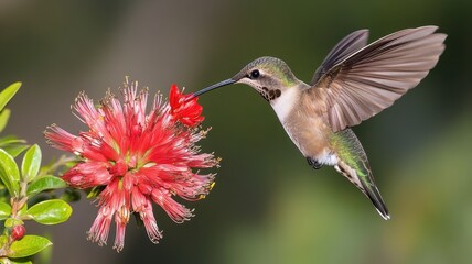 Fototapeta premium A vibrant hummingbird hovering near a stunning red flower, showcasing the beauty of nature in a captivating moment.