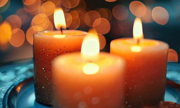 Three burning candles on a blue plate with star anise on a rustic wooden table, warm bokeh lights in the background