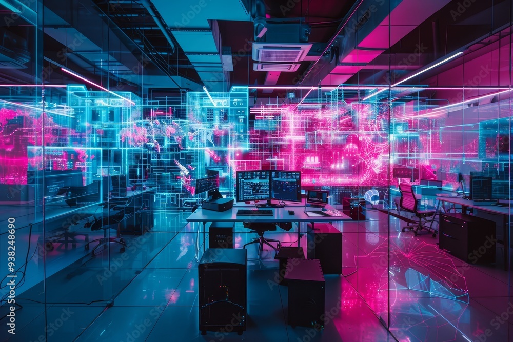 Poster room with desk, computer, and window, cyberpunk office space with virtual desktops and augmented rea