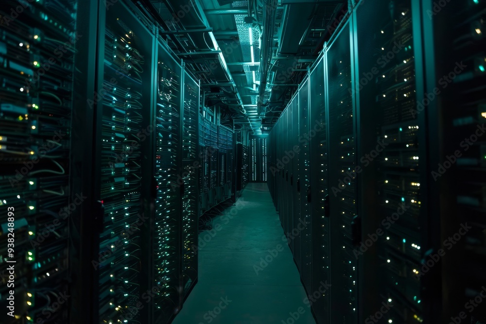 Poster server room with many rows of servers, dark and cavernous room filled with racks of glowing servers