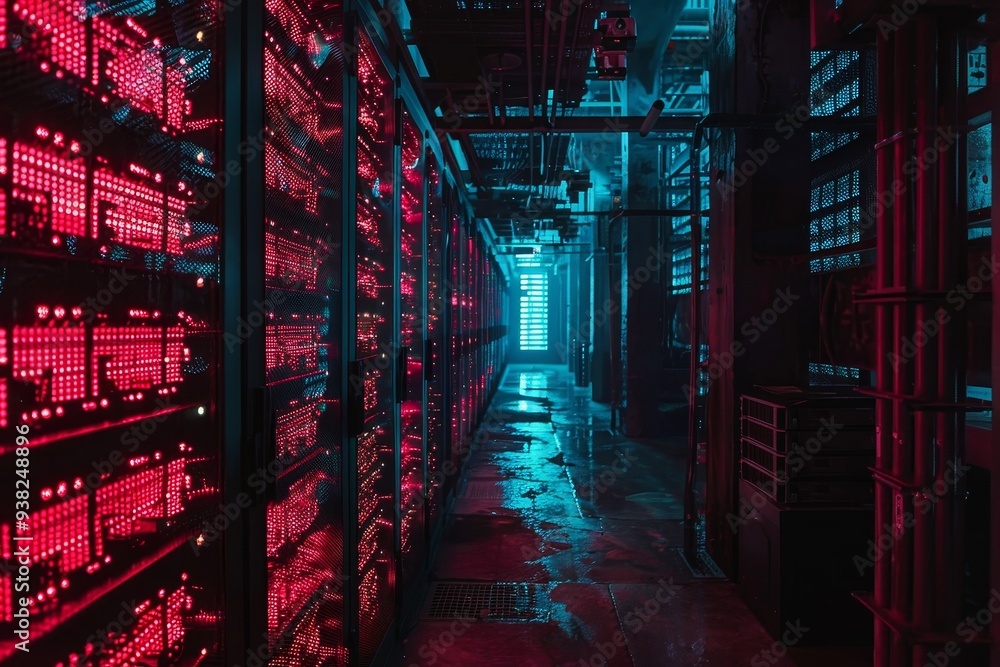 Aufkleber server room with many rows of servers, dark and cavernous room filled with racks of glowing servers