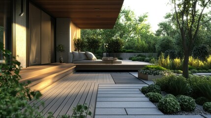 Obraz premium Modern apartment outdoor space with minimalist landscaping, focusing on clean design and natural elements.