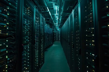server room with many rows of servers, dark and cavernous room filled with racks of glowing servers