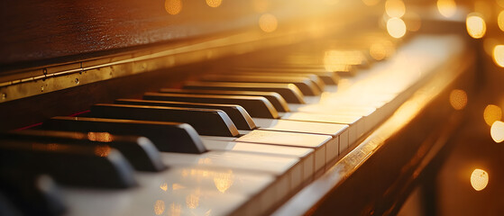 Close up of piano keys with warm light.