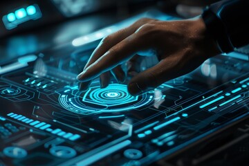 person using dj controller in dark room, designer crafts sleek vector graphic for futuristic interface