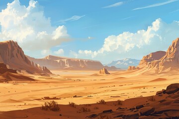 Naklejka premium desert scene with person riding horse, desolate and barren desert with towering sand dunes and skeletal remains