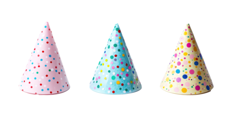 Colorful party hats adorned with polka dots in pink, blue, and yellow, arranged in a row PNG cutout transparent background.