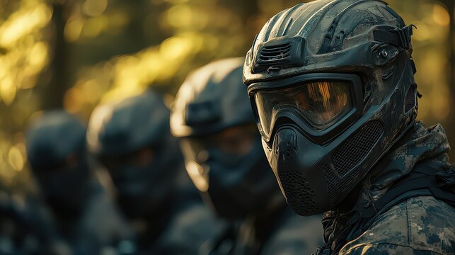Two teams strategize their next moves in a wooded paintball arena, with players coordinating their actions to outmaneuver the opposing team and capture the flag.
