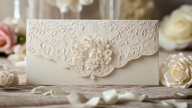 Elegant wedding invitations with ornate designs, embossed details, and a formal invitation to the special day.