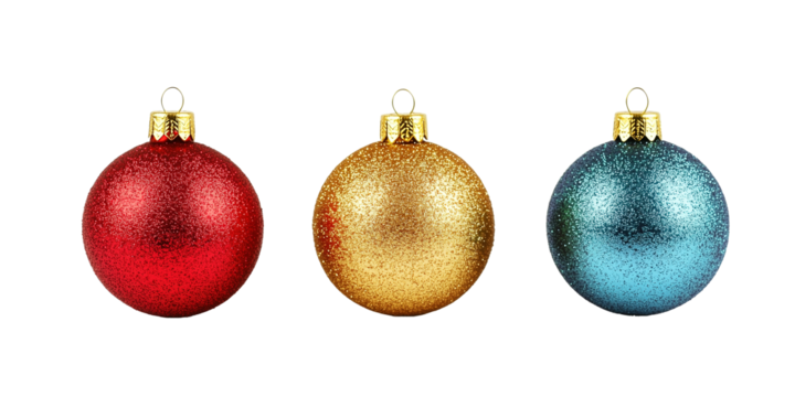 Festive trio of glittering Christmas ornaments in red, gold, and teal colors, on PNG cutout transparent background.