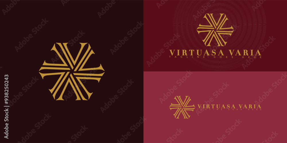 Poster abstract spiral initial letter v or vv in gold color isolated on multiple background colors. the log