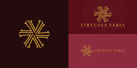 Abstract spiral initial letter V or VV in gold color isolated on multiple background colors. The logo is suitable for luxury handbag logo design inspiration templates.