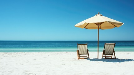 Fototapeta premium Simple scene of a beach umbrella and two chairs on pristine white sand, with a calm sea in the distance.