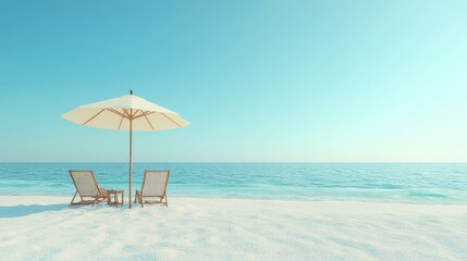 Fototapeta premium Simple scene of a beach umbrella and two chairs on pristine white sand, with a calm sea in the distance.